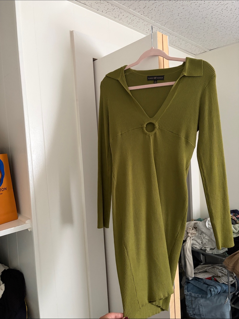 Ribbed Olive Long-Sleeve Dress with Front Ring Detail